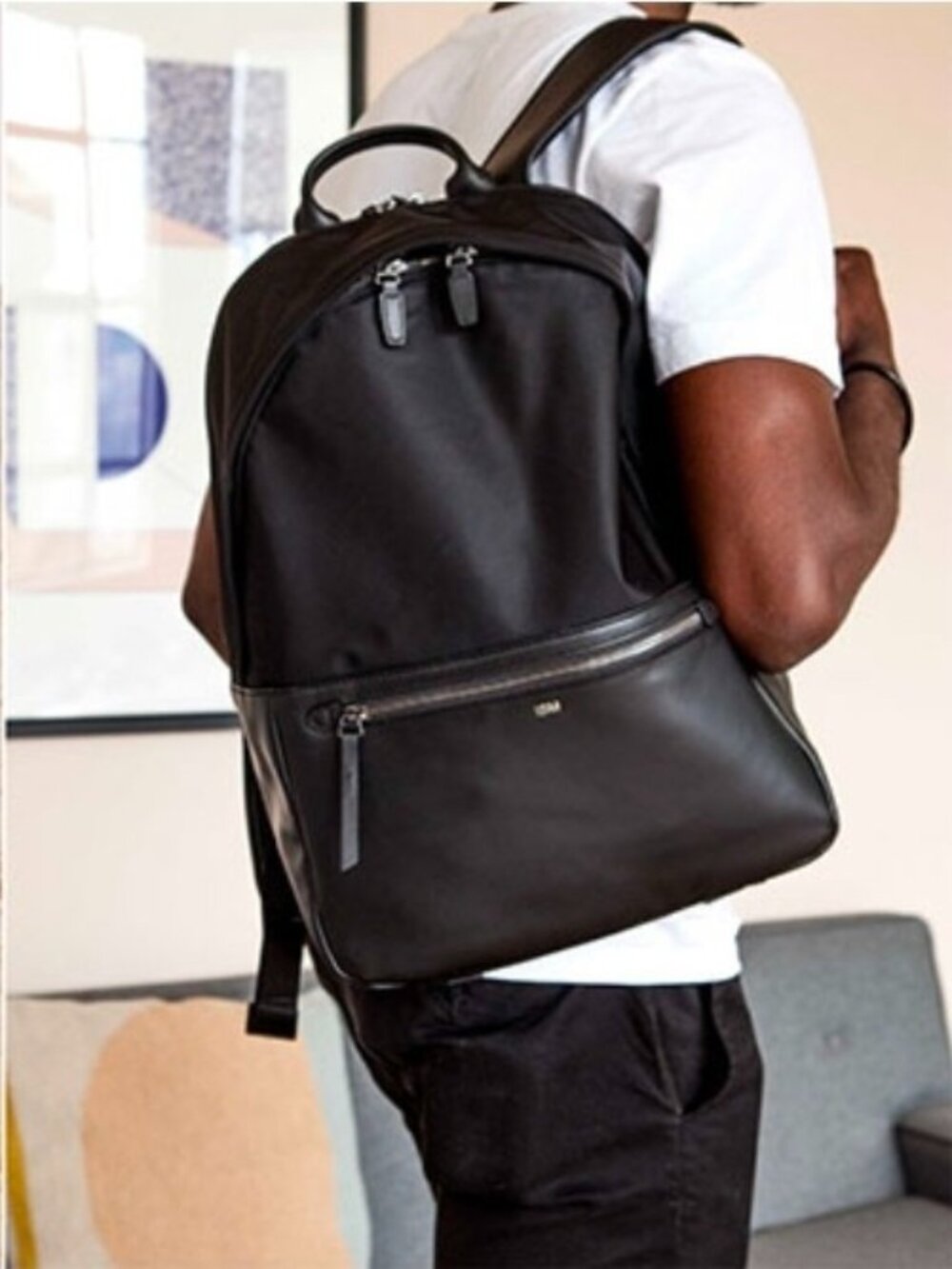ISM Backpack Black Nylon Leather Trim Laptop Travel Commuter Minimalist Unisex